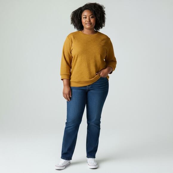 Ulla Popken Tops - Ulla Popken Plus Crew Neck 3/4 Sleeve Mustard Quilted Design Sweatshirt - 28/30